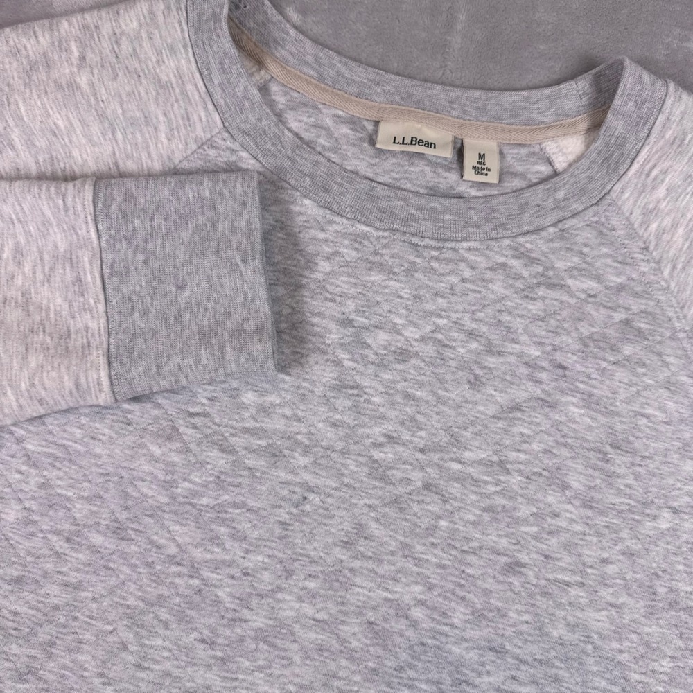 LL Bean Womens Quilted Sweatshirt Gray Heather Crew Neck Raglan M 510076
